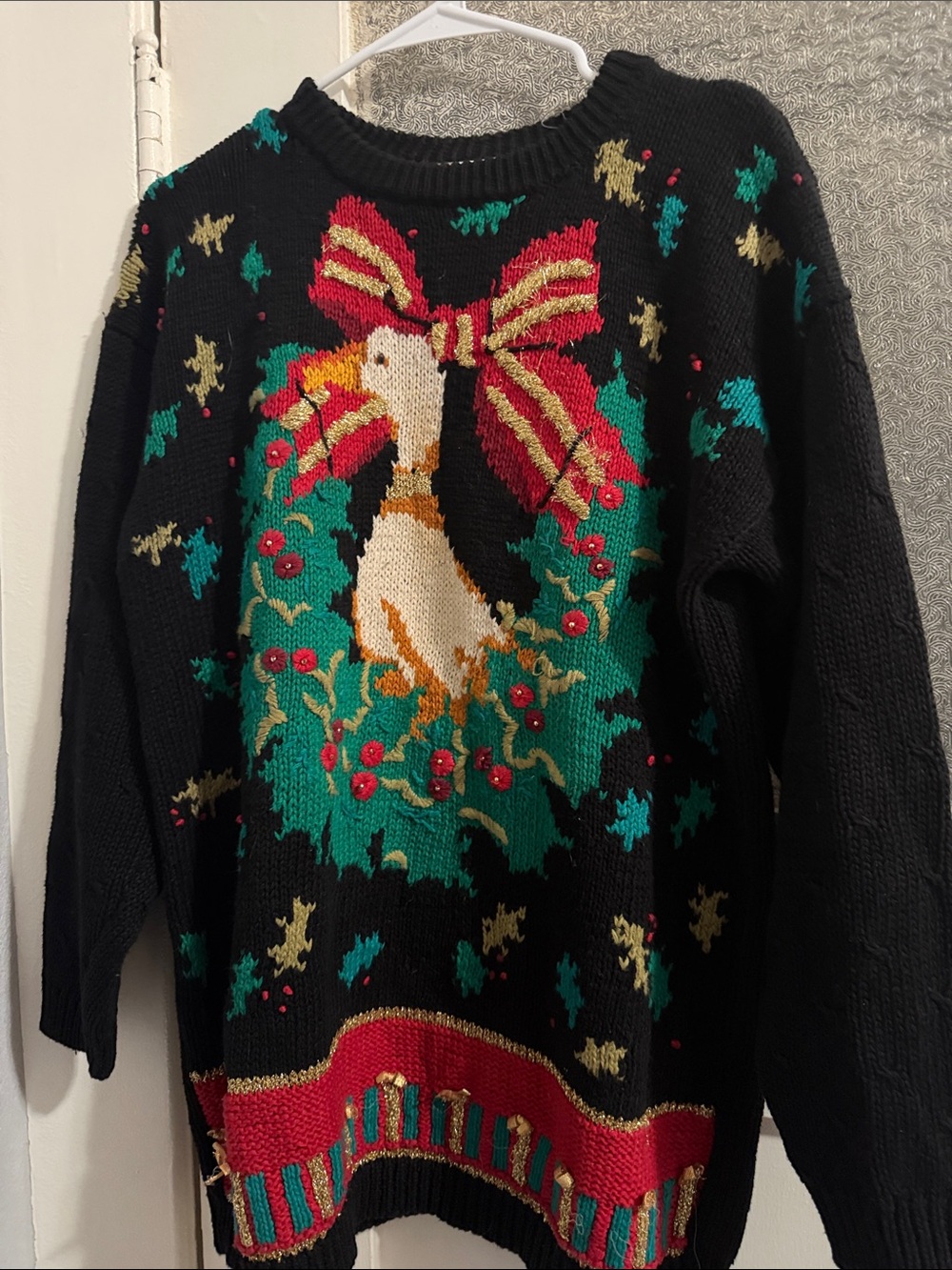 Christmas Collection Black Holiday Sweater with Goose &  Green Tree & Red Bow
